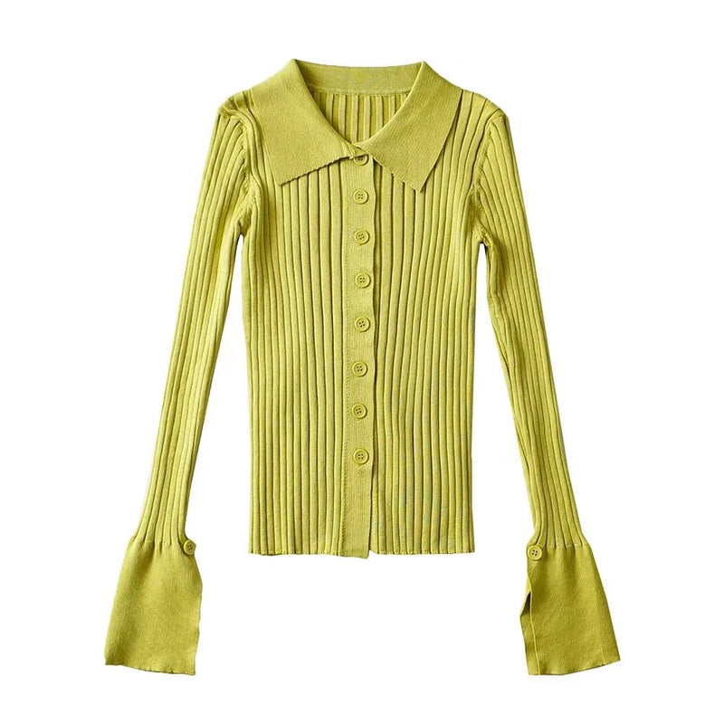 Women Sweater Knitwear Lapel Single Breasted Split Flare Sleeve Knitwear