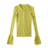 Women Sweater Knitwear Lapel Single Breasted Split Flare Sleeve Knitwear