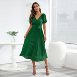 Women Date Dress Summer V-neck Puff Sleeve Lace-up Pleated Dress