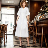 Women Dresses V-neck Lantern Sleeve Single Row Embroidery Hollow Dress (Qymy0409)