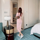 Women Dresses Pink Split Sexy Dress Short Sleeve round Neck Dress