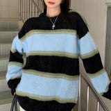 Women Knitted Pullover Vintage Striped Sweater Autumn Winter Sweater