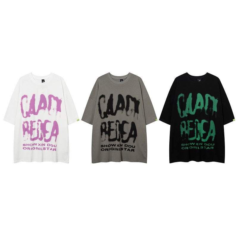 Men T Shirt Hip Hop Alphabet Graffiti Print round Neck Short Sleeve T-shirt