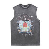 Men Vest Retro Abstract Floral Print Distressed Sleeveless T-shirt