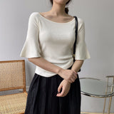 Women Knitted T-shirt Bell Sleeve Solid Color T-shirt Summer round Neck Top