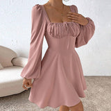 Women Dress Autumn and Winter Puff Sleeve Square Collar Dress