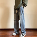 Men Jeans Vintage Patch Straight-Leg Pants Spring Baggy Pants