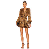 Women Dresses Autumn Sexy V-neck Leopard Print Dress Long Sleeve Lantern Sleeve (Zns0409)