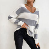 Women Knitted Sweater Season Casual Long Sleeve V-neck Striped Sweater