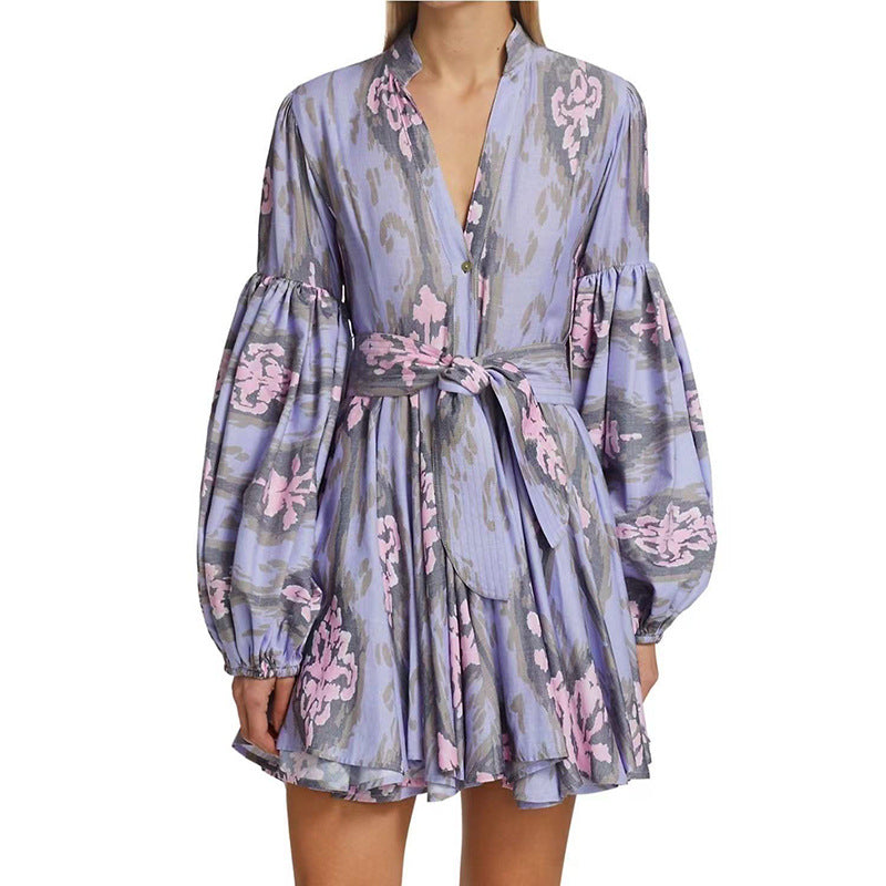 Women Dresses Retro Dress Spring V-neck Skirt (Qymy0409)