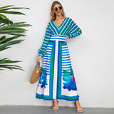 Women Date Dress V-neck Striped Print Dress