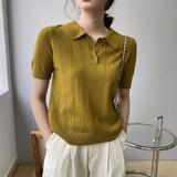 Women Knitted T-shirt Polo Short Sleeve Summer Lapels T-shirt