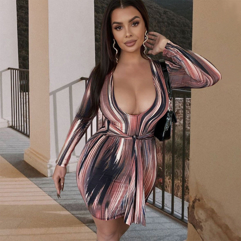 Women Dresses Summer Sexy V-neck Printed Long Sleeve Narrow Dress