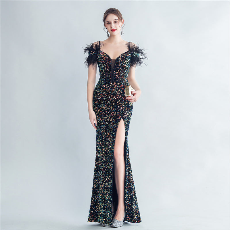 Harlem Nights Outfits Velvet High-Density Sequined Fishtail Evening Dress