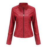 Red Leather Jacket Spring and Autumn Coat Women's Motorcycle Clothing Stand Collar Leather Jacket