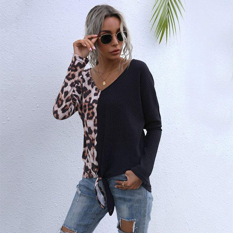 Women Knitted Sweater Casual Loose Top Female Stitching Leopard Print V-neck Long-Sleeve Knitwear