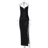 Women Dresses Sequins Sexy V-neck Split Long Dress
