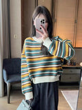 Women Knitted Pullover Stripes Autumn and Winter round Neck Loose Crop Top