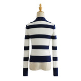 Women Sweater Knitwear Spring and Autumn Lapel V-neck Contrast Color Striped Slim-Fit Long-Sleeved Sweater Sweater