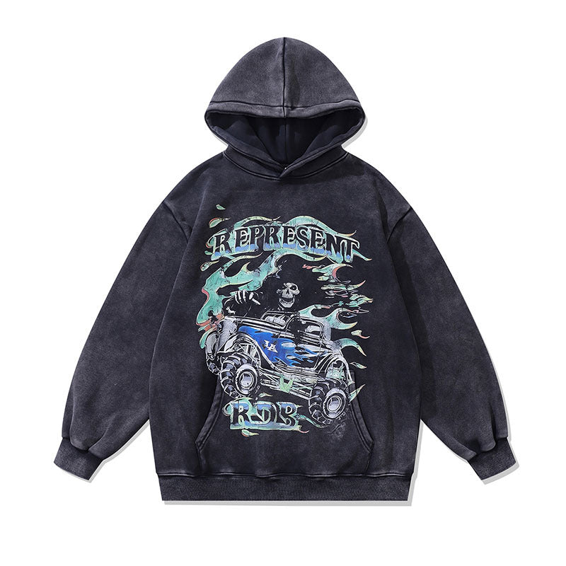 Men Hoodie Black Skull Printing plus Velvet Oversize Couple Hooded Sweater Male