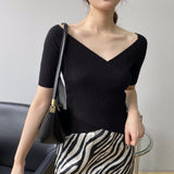 Women Knitted T-shirt V-neck Short-Sleeved Sweater Slim T-shirt