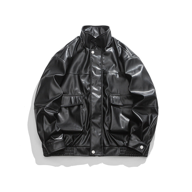 Unisex Winter Cotton Coat Three-Dimensional Turn-down Collar Leather Jacket Retro Loose Pu Leather Jacket