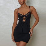 Women Dresse Sexy Dress Lace Edge V-neck Hollow Sling Hip Skirt