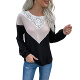 Women Knitted Sweater Autumn Casual Women's Long Sleeve Color Matching Lace round Neck Sweater
