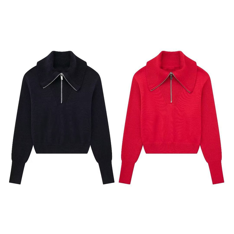 Women Sweater Knit Wear Zipper Wide Collar Casual Top Sweater
