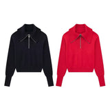 Women Sweater Knit Wear Zipper Wide Collar Casual Top Sweater