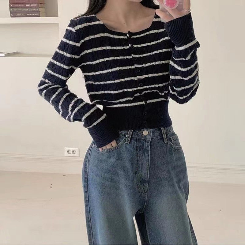 Women Knitwear Autumn Winter Retro Striped Sweaters Cardigan