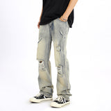 Men Jeans Ripped Jeans for Men and Women Loose Retro Straight-Leg Pants