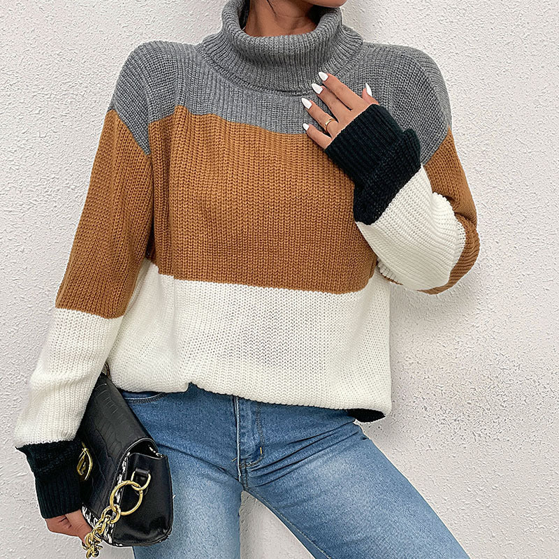 Women Knitted Sweater Autumn Loose Contrast Color Turtleneck Sweater