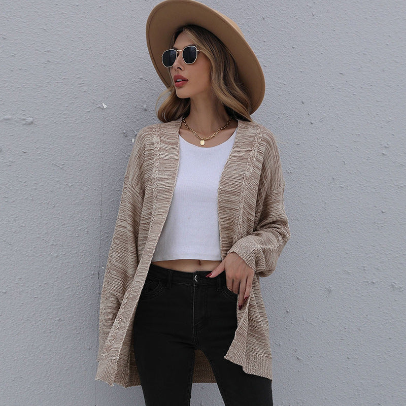 Women Knitted Sweater Autumn Long Sleeve Mixed Color Mid-Length Coat Sweater