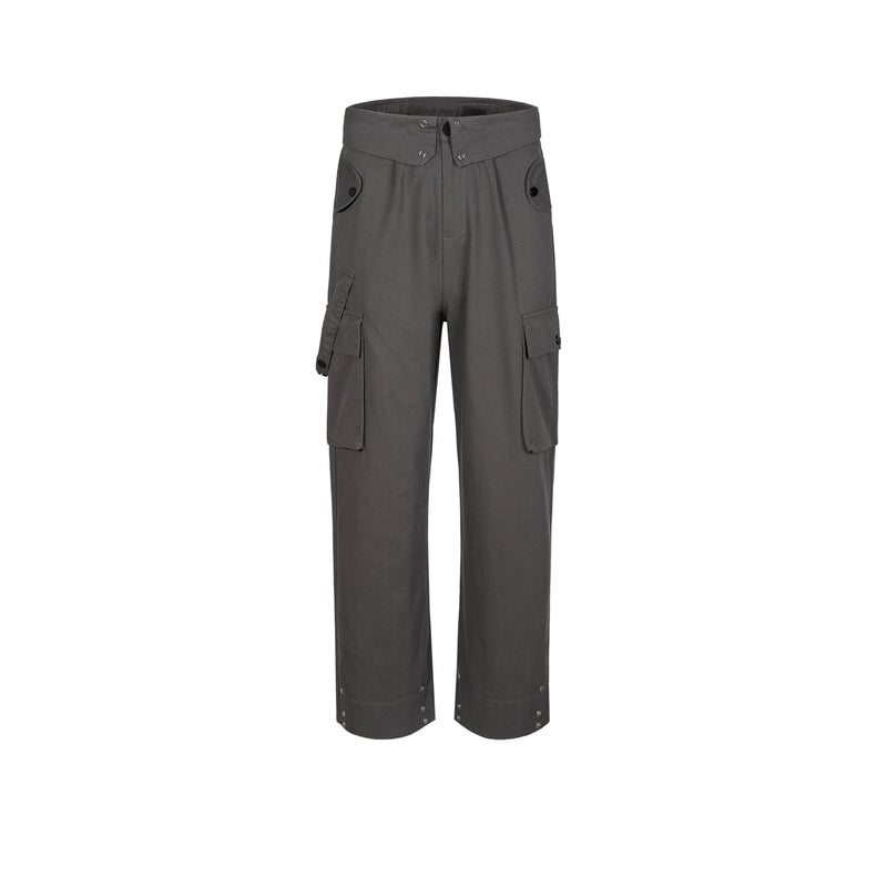 MIJKO Men Vintage Pants MIJKO Straight Multi-Pocket Cut-Over Cuff Waist Casual Pants