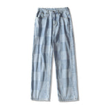 Men Jeans Chessboard Plaid Jeans Autumn Straight Wide-Leg Pants Retro Loose Trousers