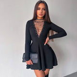 Women Dresse Spring Sexy Style Long Sleeve Deep V-neck Hollow Slim Fit Dress