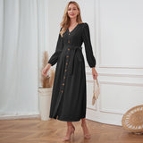 Women Date Dress Single-Breasted Cardigan Skirt V-neck Bubble Long Sleeve Dress