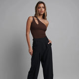 Women Jumpsuit Summer Sexy Slim-Fit Ribbed One-Shoulder Hollow-out Jumpsuit