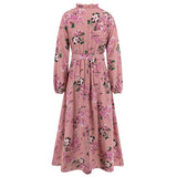 Women Date Dress Autumn Long Sleeve Lace Stand Collar Belt Long Dress