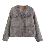 Women Woolen Coat Vintage Tweed Classic Style Raw Edge Shoulder Coat