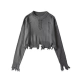 Women Sweater Knitwear round Neck Ripped Fringed Burr Loose Long Sleeve Short Sweater
