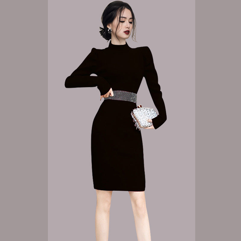 Women Maxi Dress Autumn and Winter Turtleneck Slim Knit Dress Sweater Sheath Dress