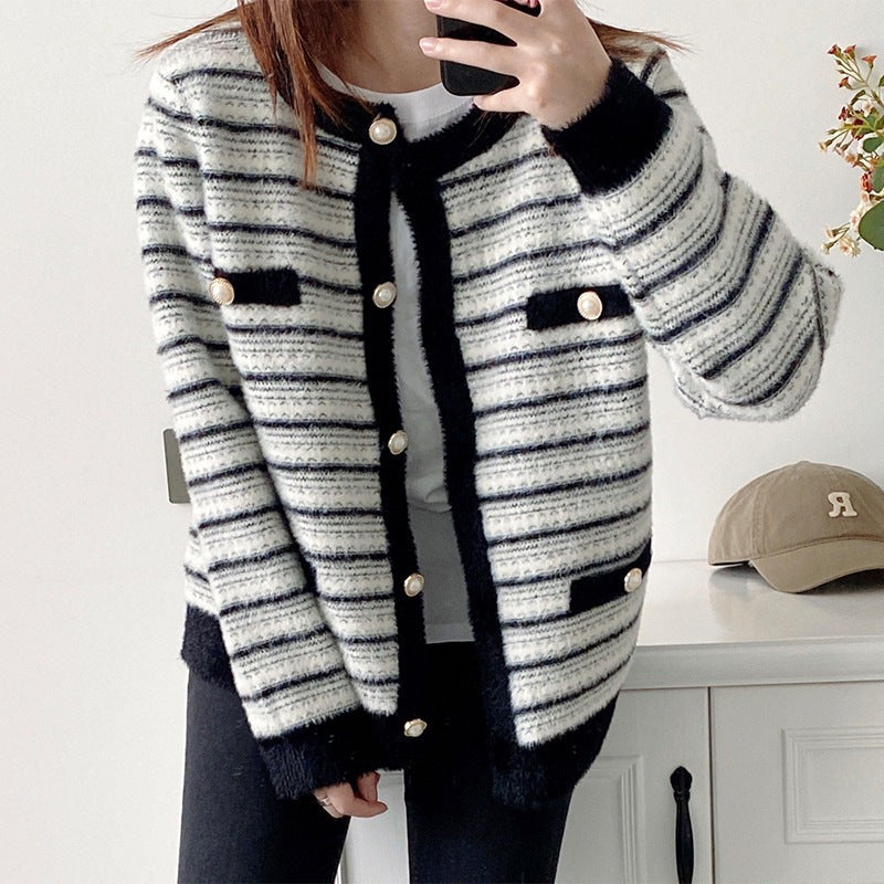 Women Knitwear Autumn and Winter Loose Vintage Stripe Knitted Cardigan