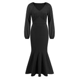 Women Date Dress V-neck Fishtail Skirt Elegant High Waist Evening Long Dress