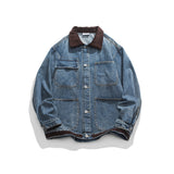 Unisex Jacket Vintage Amekaji Washed Denim Jacket Casual Loose Overalls