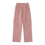 Women Sweatpants Dopamine Pink Summer Zipper Multi-Pocket Straight Casual Pants