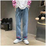 Men Jeans Embroidered Washed Distressed Loose Straight Pants Trousers