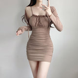 Women Dresses U-Neck Suspender Hip Skirt Long Sleeve Open Skirt