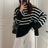 Women Knitwear Autumn Winter Retro Striped round Neck Sweater Loose Sweater